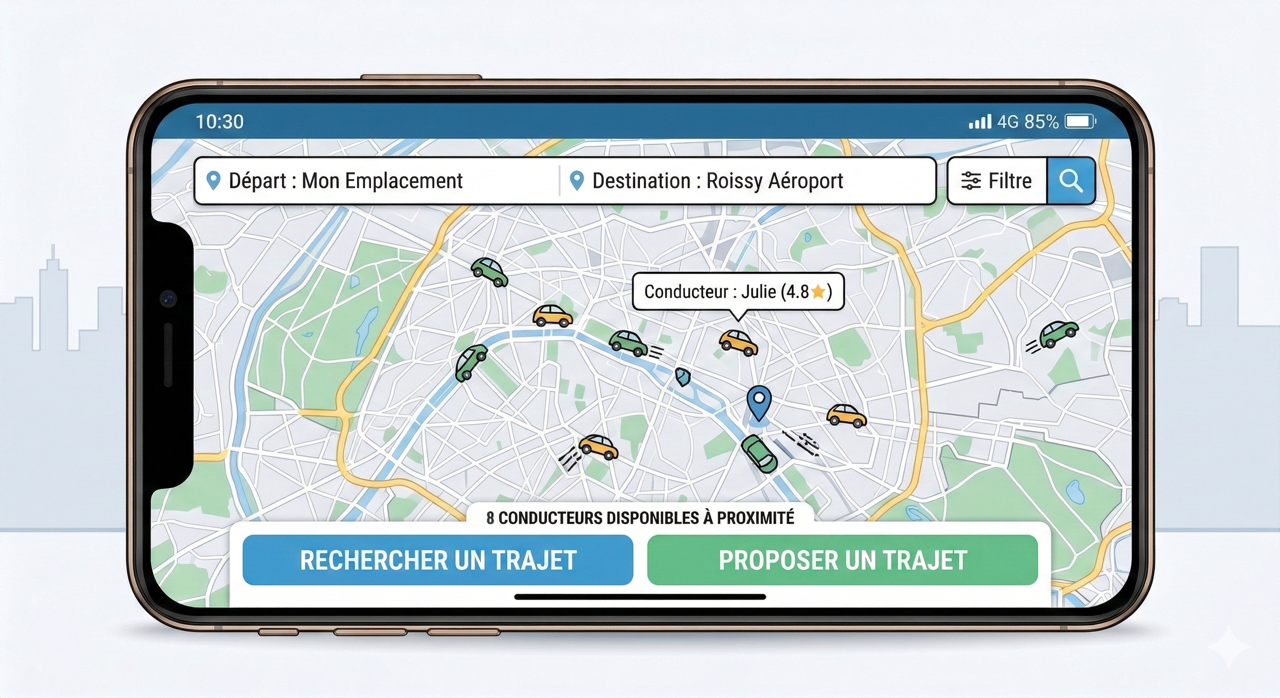 Exemple de corridor passager Paris Roissy pour covoiturage temps réel